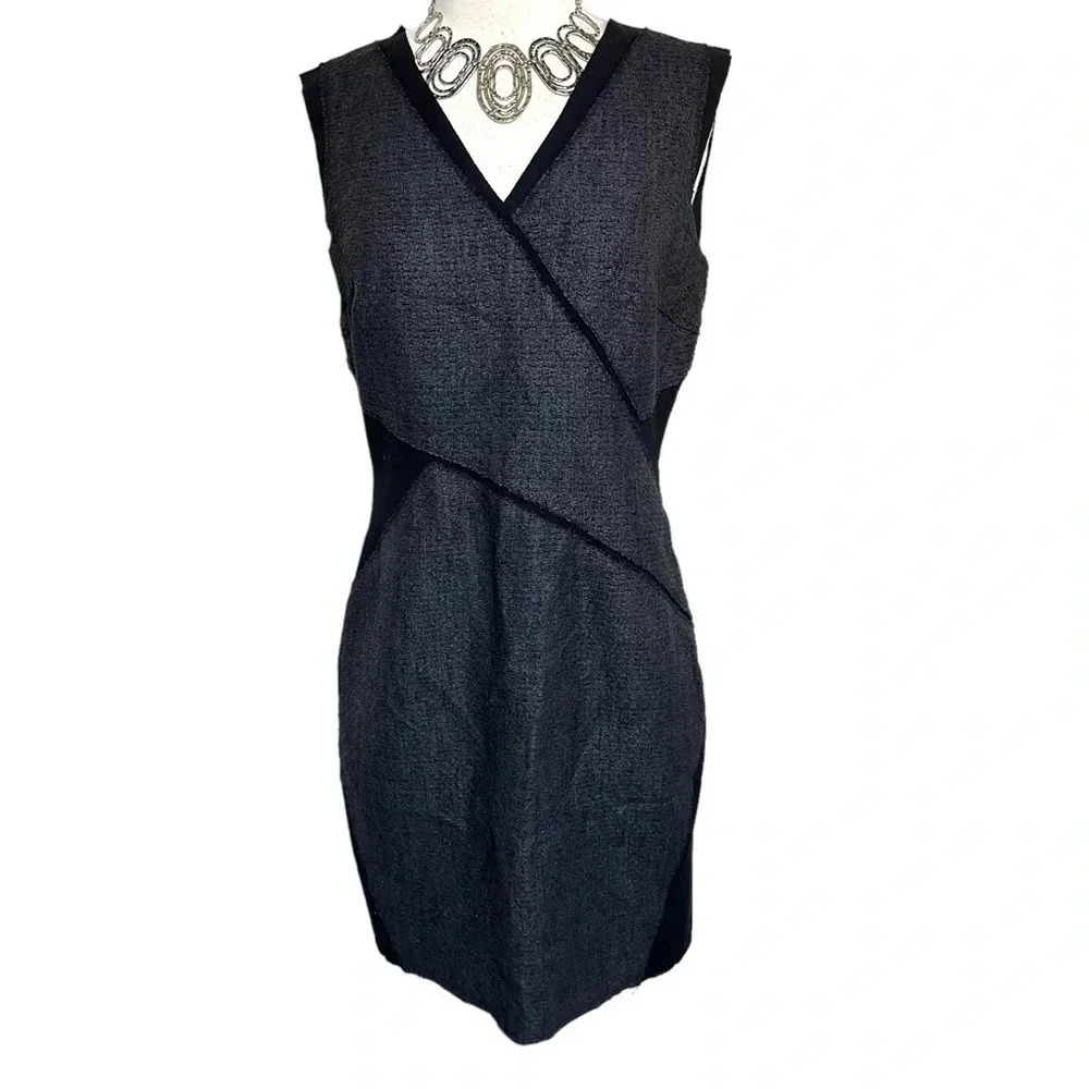 Elie Tahari Sheath Dress Black Charcoal Gray Textured V-Neck Sleeveless Slimming
